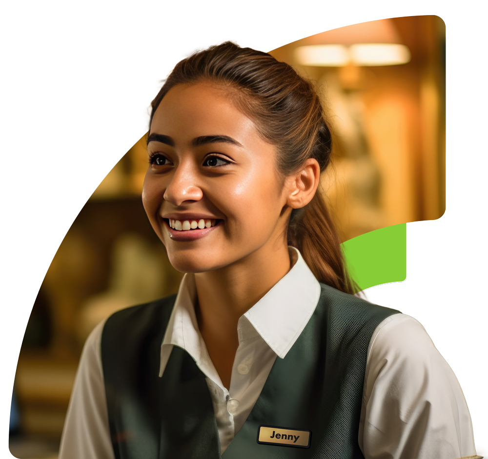 A hotel staff member wearing a name tag with built-in safety alert button.